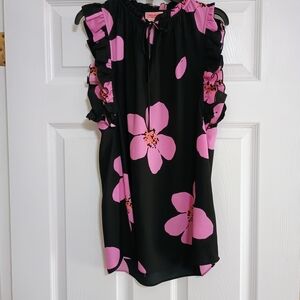 Black and Pink Floral Ruffle Blouse